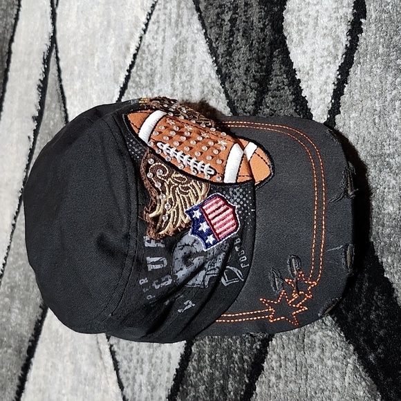EMBROIDERED FOOTBALL ANGEL WINGS STARS DISTRESSED RHINESTONES CADET CAP HAT - Picture 1 of 15